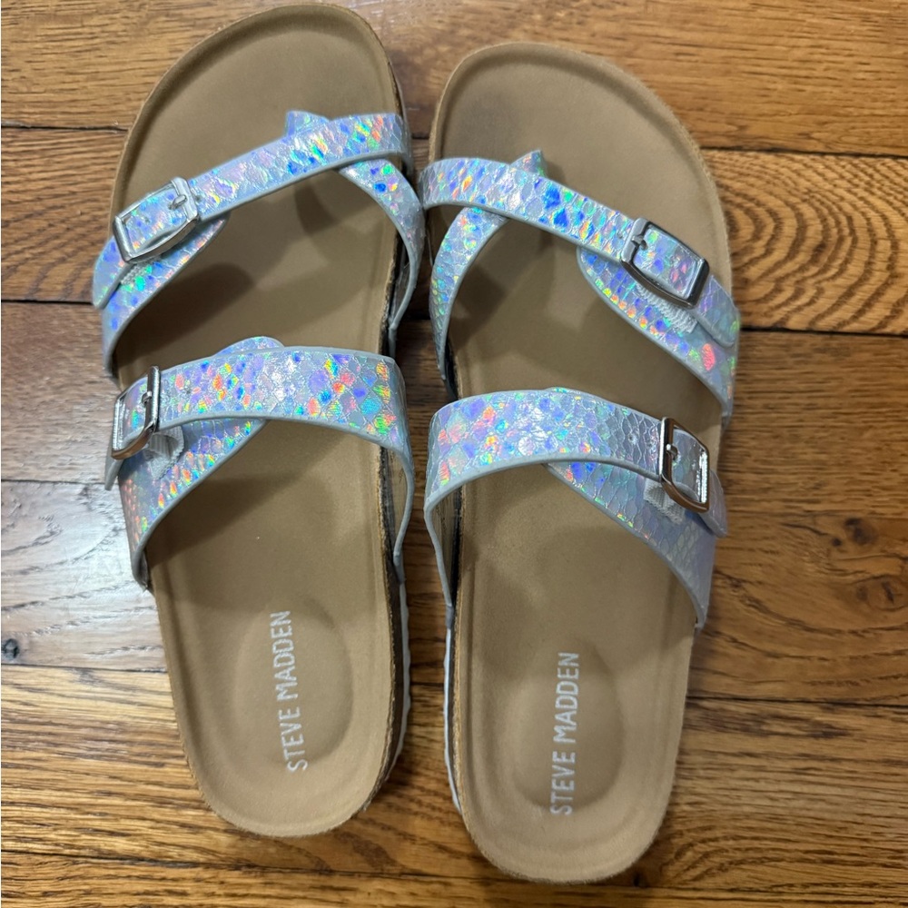 Steve Madden Holographic Double-Buckle Slide Sandals - Iridescent Silver